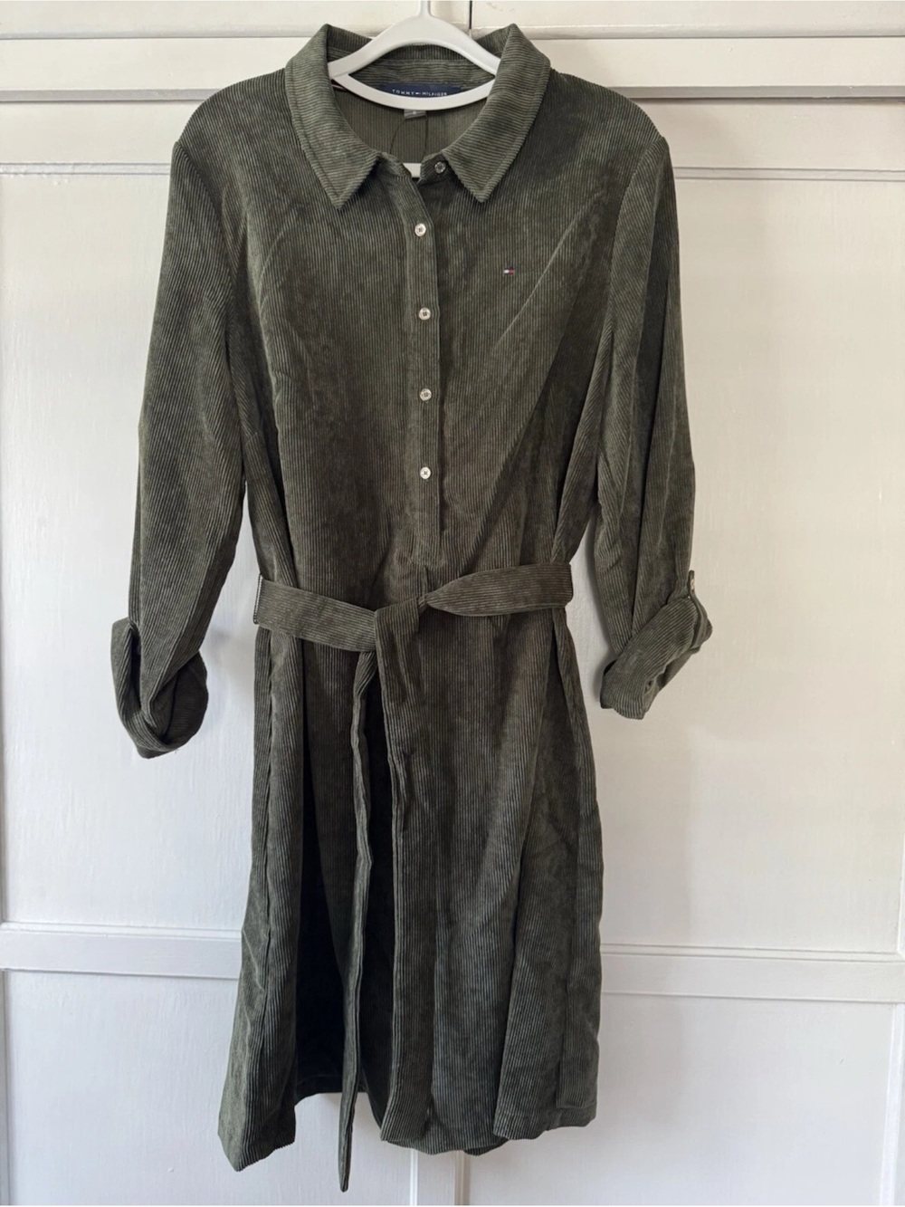 Tommy Hilfiger Olive Green Corduroy Midi Shirt Dress with Tie Waist Sz 10